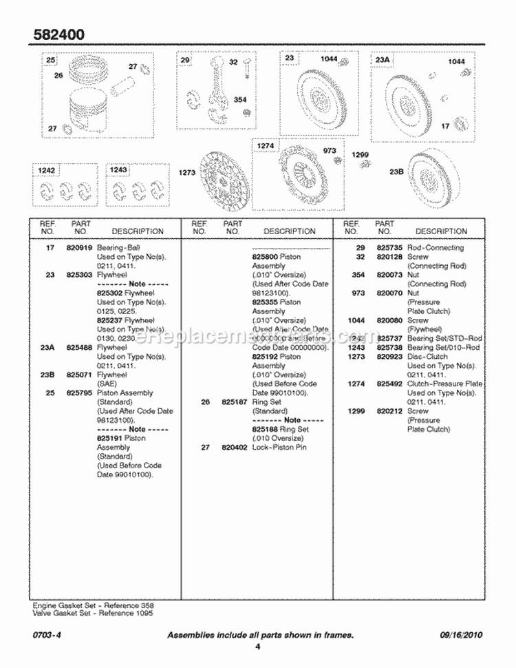Piston Rings Flywheel Clutch Diagram and Parts List for 582447-0476-E2  Briggs and Stratton Engine